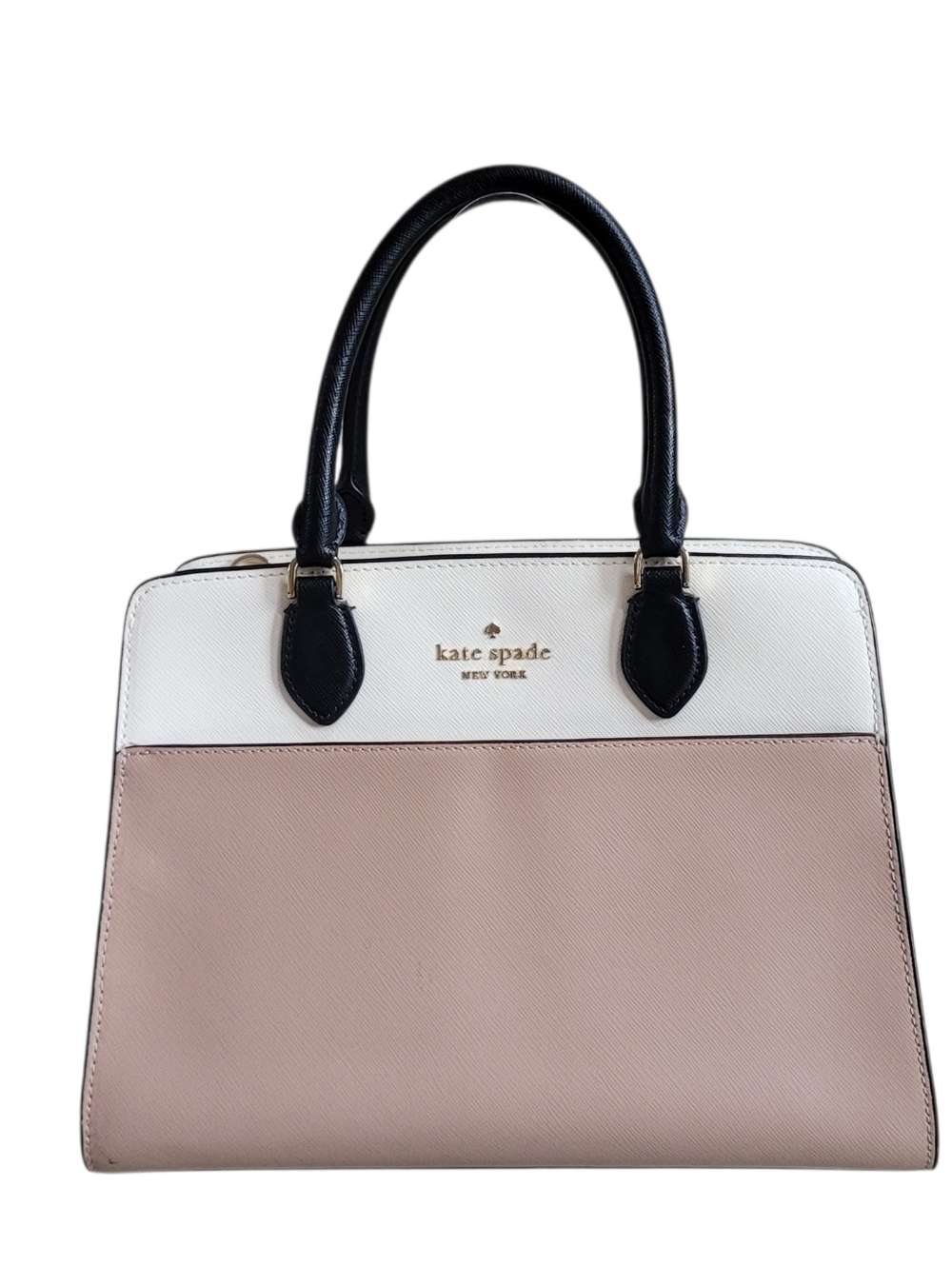 Kate Spade Womens Cream Tan Black Leather Madison Top Zip Medium Satchel - Picture 3 of 12